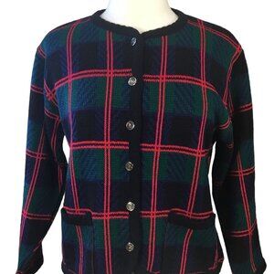 Tally Ho VTG Tartan Plaid Long Sleeve Acrylic Cardigan Jacket with Pockets SM
